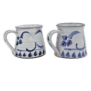 Vintage Ceramic Stoneware Studio Art Hand Painted Blue Floral Espresso Mugs